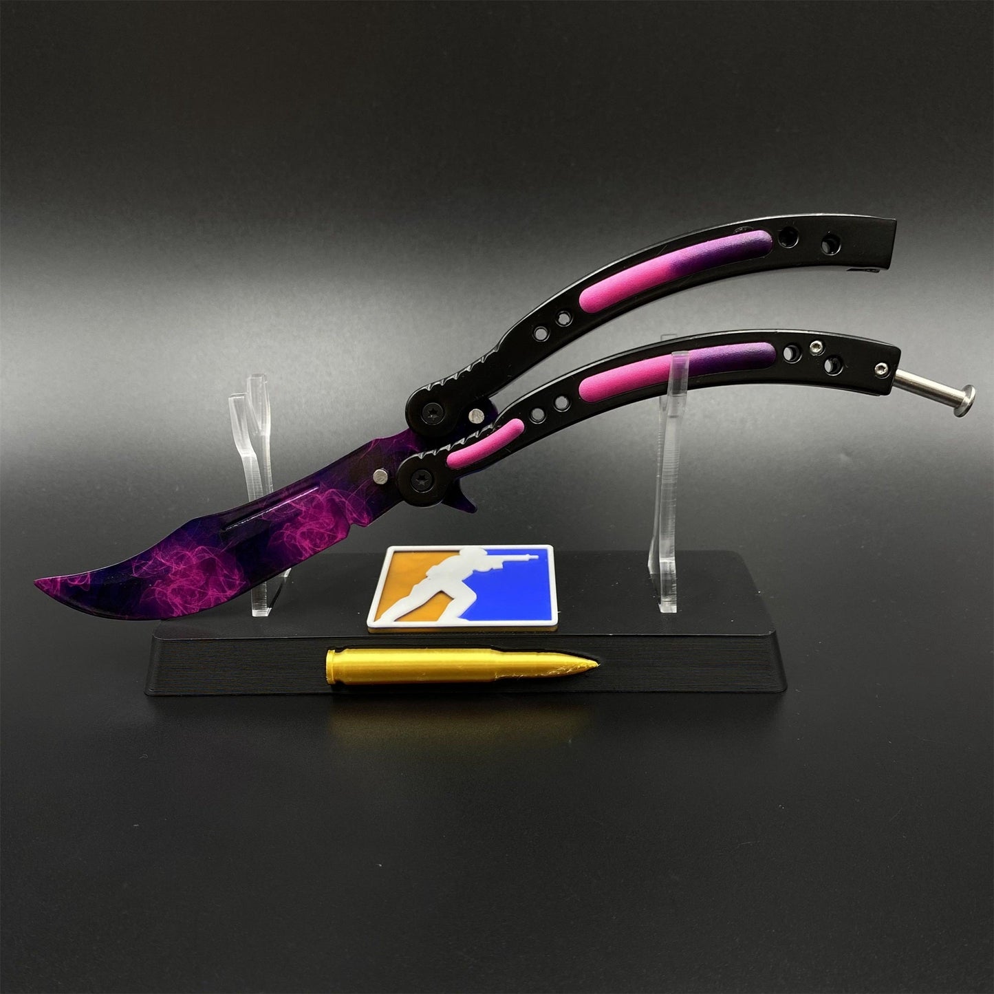 CS2 Butterfly Knife Doppler Phase Balisong Replica, Unsharpened Game Prop Collectible with Display Stand