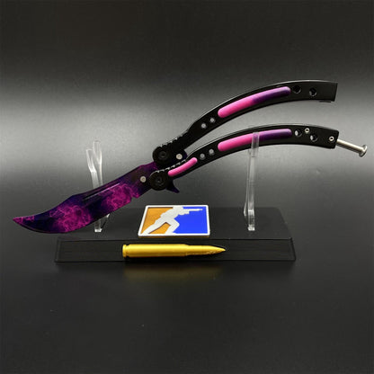 CS2 Butterfly Knife Doppler Phase Balisong Replica, Unsharpened Game Prop Collectible with Display Stand