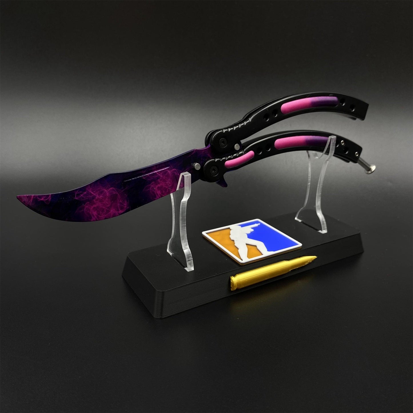 CS2 Butterfly Knife Doppler Phase Balisong Replica, Unsharpened Game Prop Collectible with Display Stand