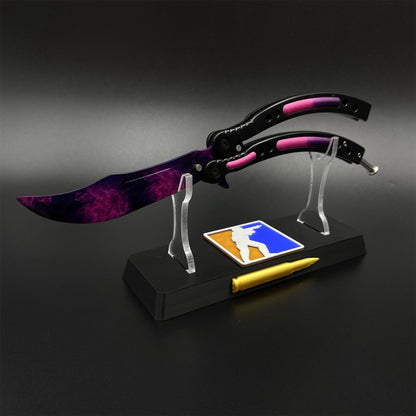 CS2 Butterfly Knife Doppler Phase Balisong Replica, Unsharpened Game Prop Collectible with Display Stand