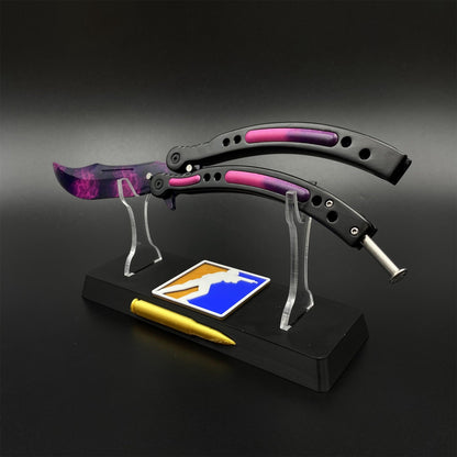 CS2 Butterfly Knife Doppler Phase Balisong Replica, Unsharpened Game Prop Collectible with Display Stand