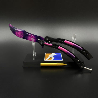 CS2 Butterfly Knife Doppler Phase Balisong Replica, Unsharpened Game Prop Collectible with Display Stand