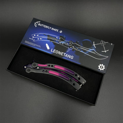 CS2 Butterfly Knife Doppler Phase Balisong Replica, Unsharpened Game Prop Collectible with Display Stand