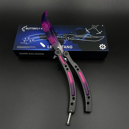 CS2 Butterfly Knife Doppler Phase Balisong Replica, Unsharpened Game Prop Collectible with Display Stand
