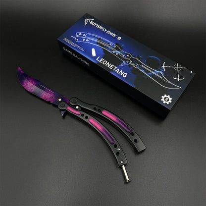 CS2 Butterfly Knife Doppler Phase Balisong Replica, Unsharpened Game Prop Collectible with Display Stand