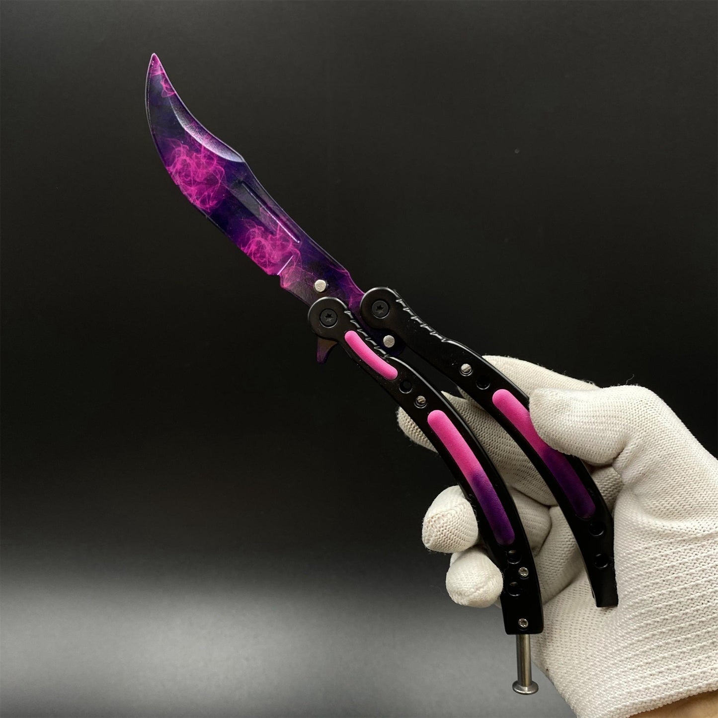 CS2 Butterfly Knife Doppler Phase Balisong Replica, Unsharpened Game Prop Collectible with Display Stand