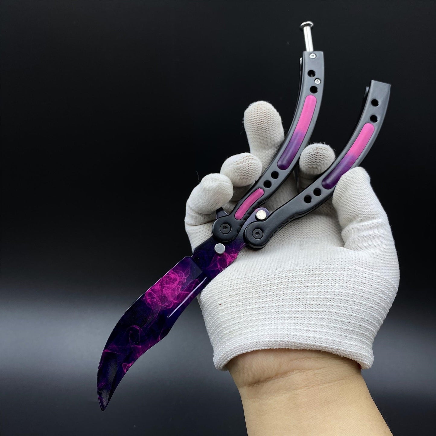 CS2 Butterfly Knife Doppler Phase Balisong Replica, Unsharpened Game Prop Collectible with Display Stand