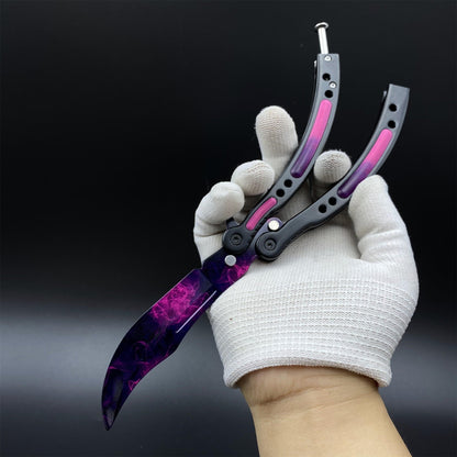 CS2 Butterfly Knife Doppler Phase Balisong Replica, Unsharpened Game Prop Collectible with Display Stand