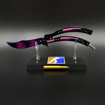 CS2 Butterfly Knife Doppler Phase Balisong Replica, Unsharpened Game Prop Collectible with Display Stand