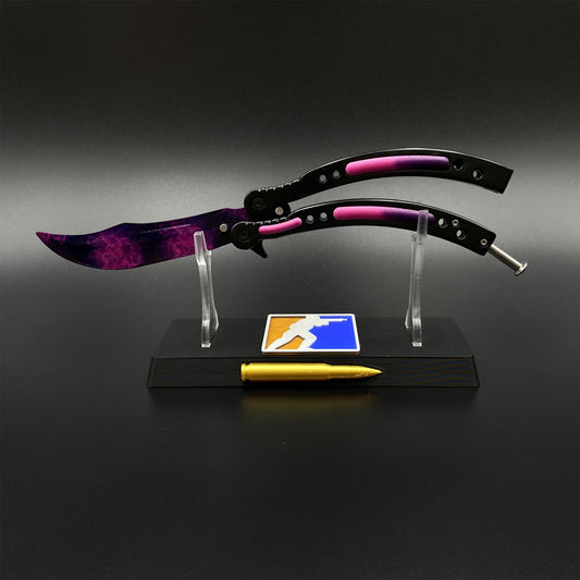 CS2 Butterfly Knife Doppler Phase Balisong Replica, Unsharpened Game Prop Collectible with Display Stand