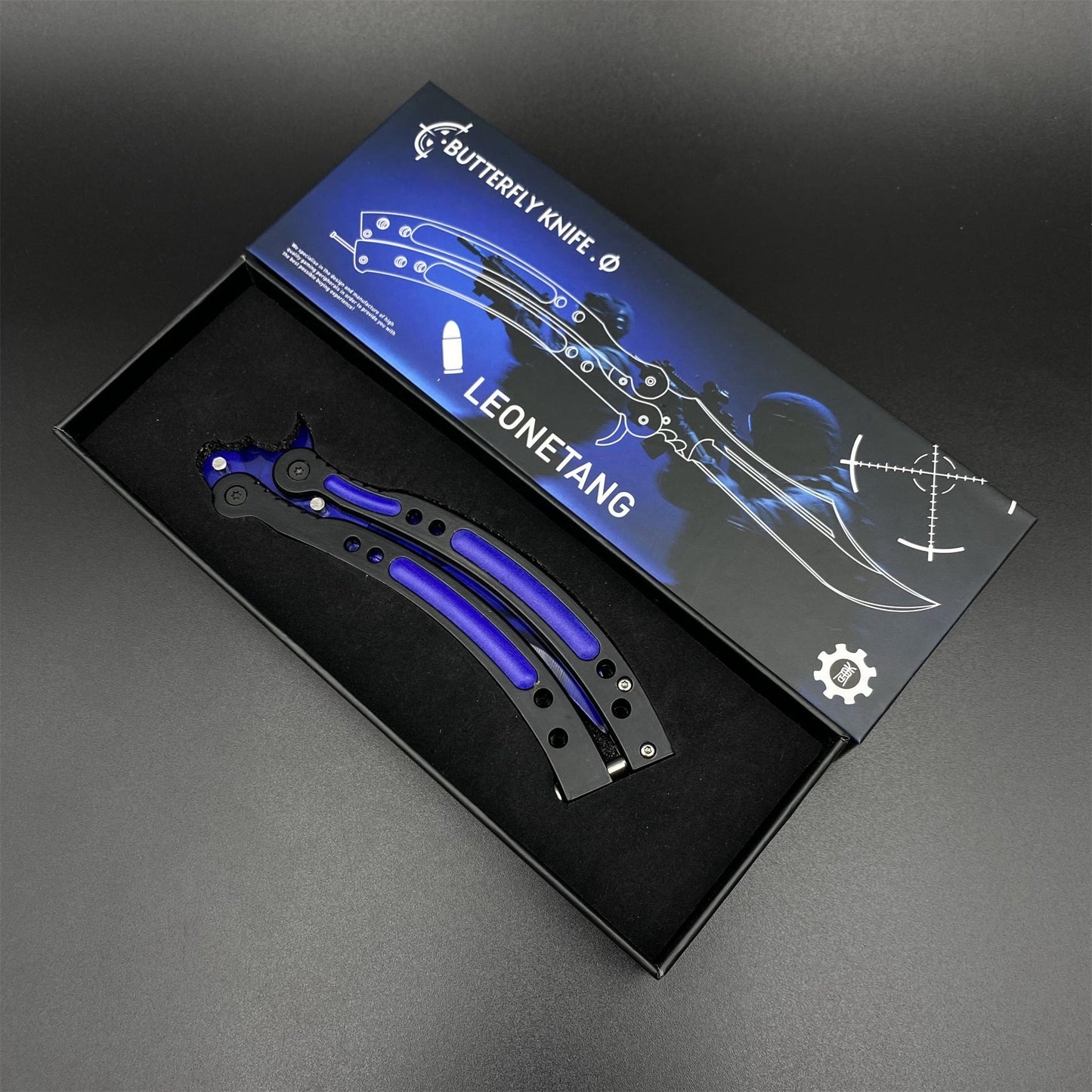 CS2 Butterfly Knife Doppler Sapphire Balisong Replica - Unsharpened Game Prop Collectible with Display Stand