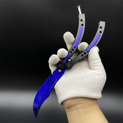 CS2 Butterfly Knife Doppler Sapphire Balisong Replica - Unsharpened Game Prop Collectible with Display Stand