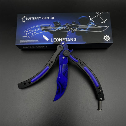 CS2 Butterfly Knife Doppler Sapphire Balisong Replica - Unsharpened Game Prop Collectible with Display Stand