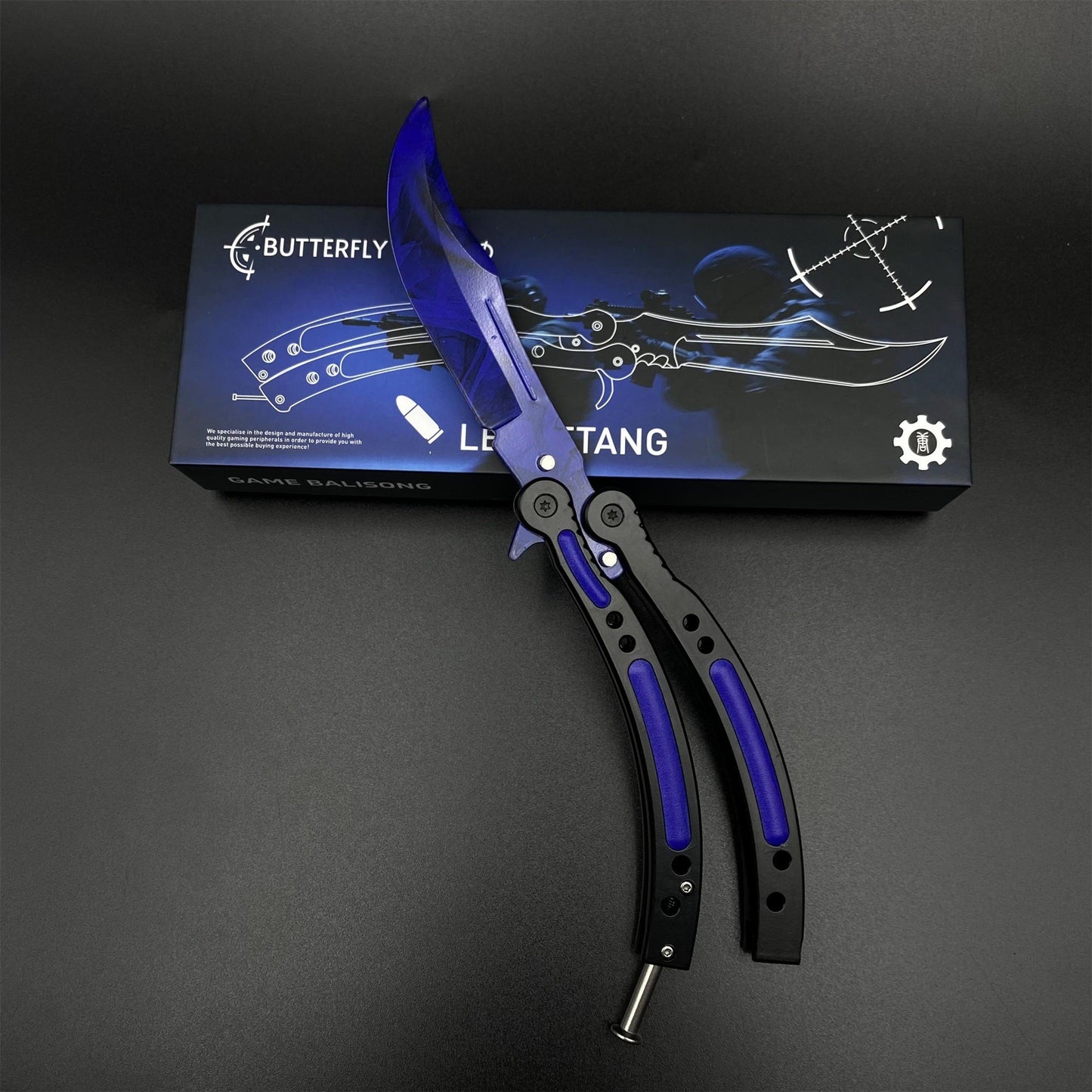 CS2 Butterfly Knife Doppler Sapphire Balisong Replica - Unsharpened Game Prop Collectible with Display Stand