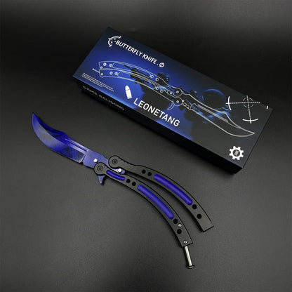 CS2 Butterfly Knife Doppler Sapphire Balisong Replica - Unsharpened Game Prop Collectible with Display Stand