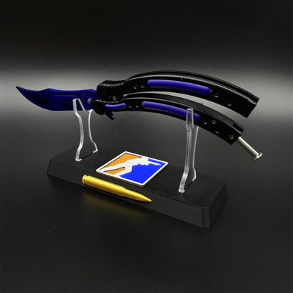 CS2 Butterfly Knife Doppler Sapphire Balisong Replica - Unsharpened Game Prop Collectible with Display Stand