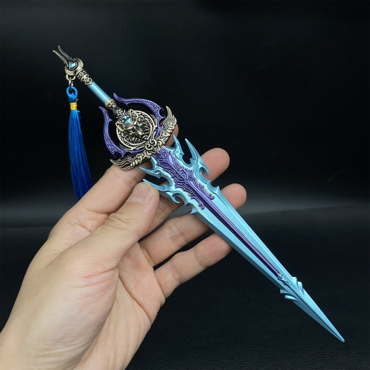 Mythical Wolf Emblem Metal Spear Replica, Ornate Engraved Fantasy Blade Desktop Collectible Ornament