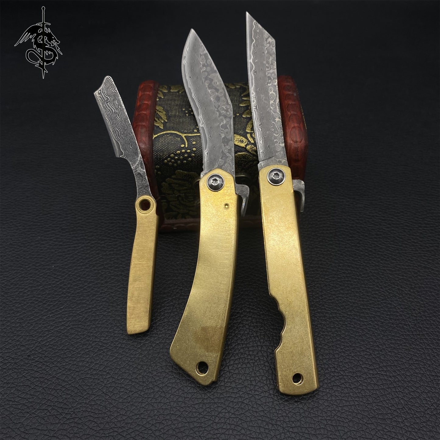 Damascus Steel Razor Knife Brass Handle Folding Knife 3 In 1 Pack