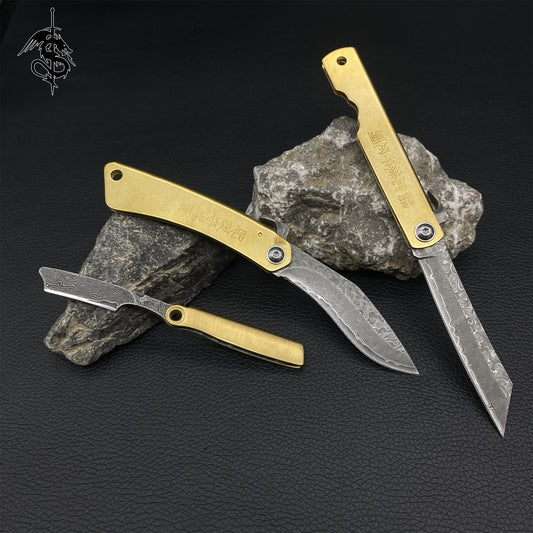 Damascus Steel Razor Knife Brass Handle Folding Knife 3 In 1 Pack