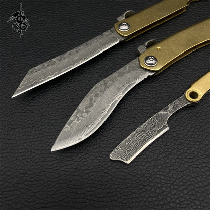 Damascus Steel Razor Knife Brass Handle Folding Knife 3 In 1 Pack