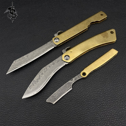 Damascus Steel Razor Knife Brass Handle Folding Knife 3 In 1 Pack