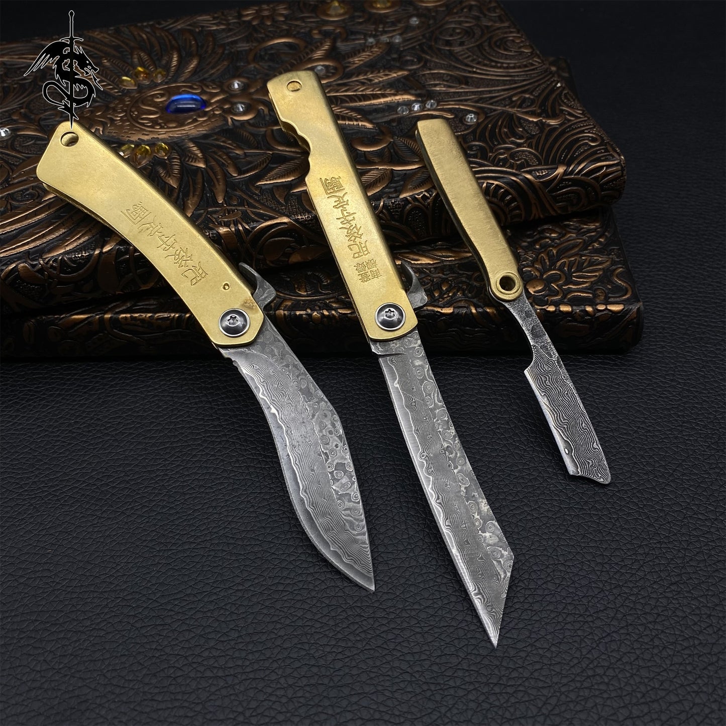 Damascus Steel Razor Knife Brass Handle Folding Knife 3 In 1 Pack