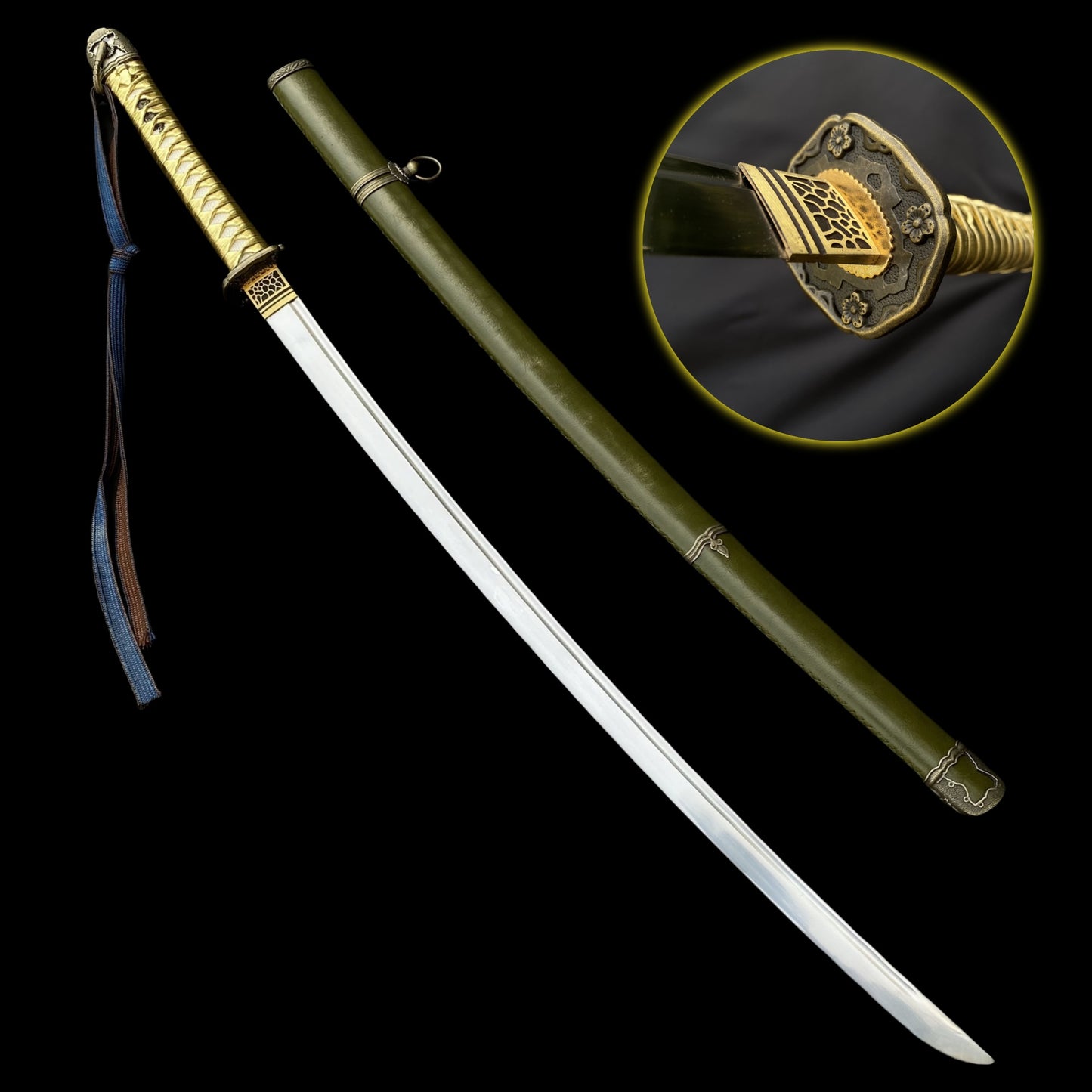 Vintage Military Officer Katana Samurai Sword, Green Leather Texture Saya Collectible Display Replica