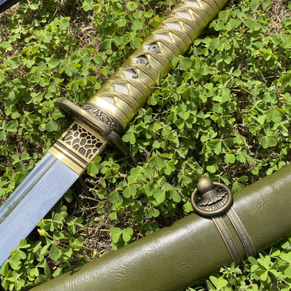 Vintage Military Officer Katana Samurai Sword, Green Leather Texture Saya Collectible Display Replica