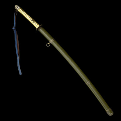 Vintage Military Officer Katana Samurai Sword, Green Leather Texture Saya Collectible Display Replica