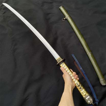 Vintage Military Officer Katana Samurai Sword, Green Leather Texture Saya Collectible Display Replica