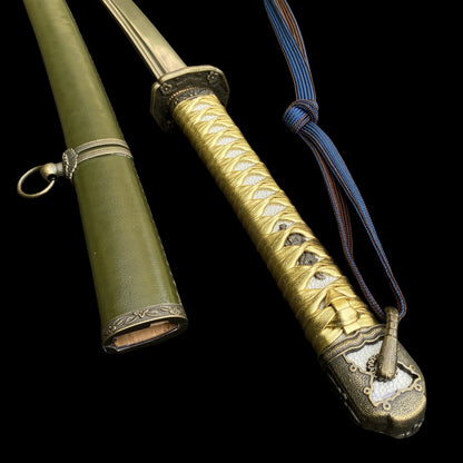 Vintage Military Officer Katana Samurai Sword, Green Leather Texture Saya Collectible Display Replica