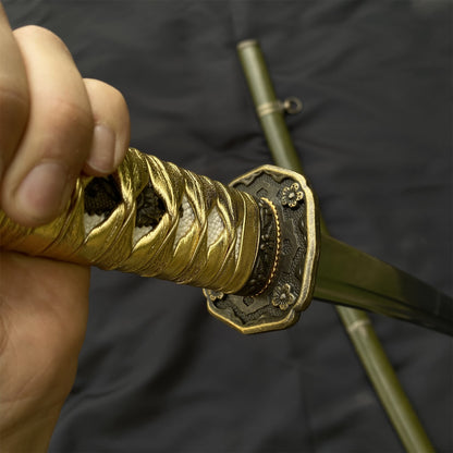 Vintage Military Officer Katana Samurai Sword, Green Leather Texture Saya Collectible Display Replica