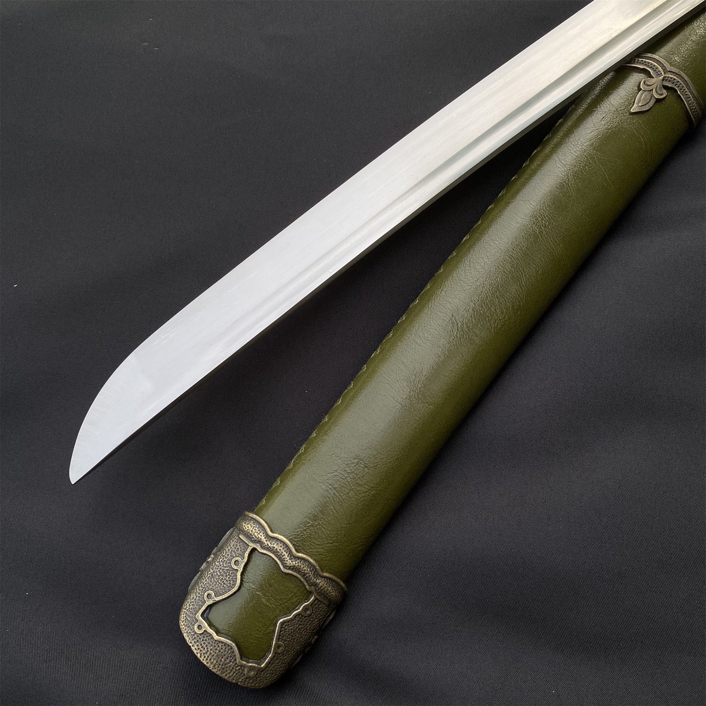 Vintage Military Officer Katana Samurai Sword, Green Leather Texture Saya Collectible Display Replica