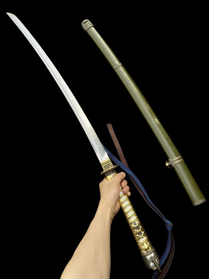 Vintage Military Officer Katana Samurai Sword, Green Leather Texture Saya Collectible Display Replica