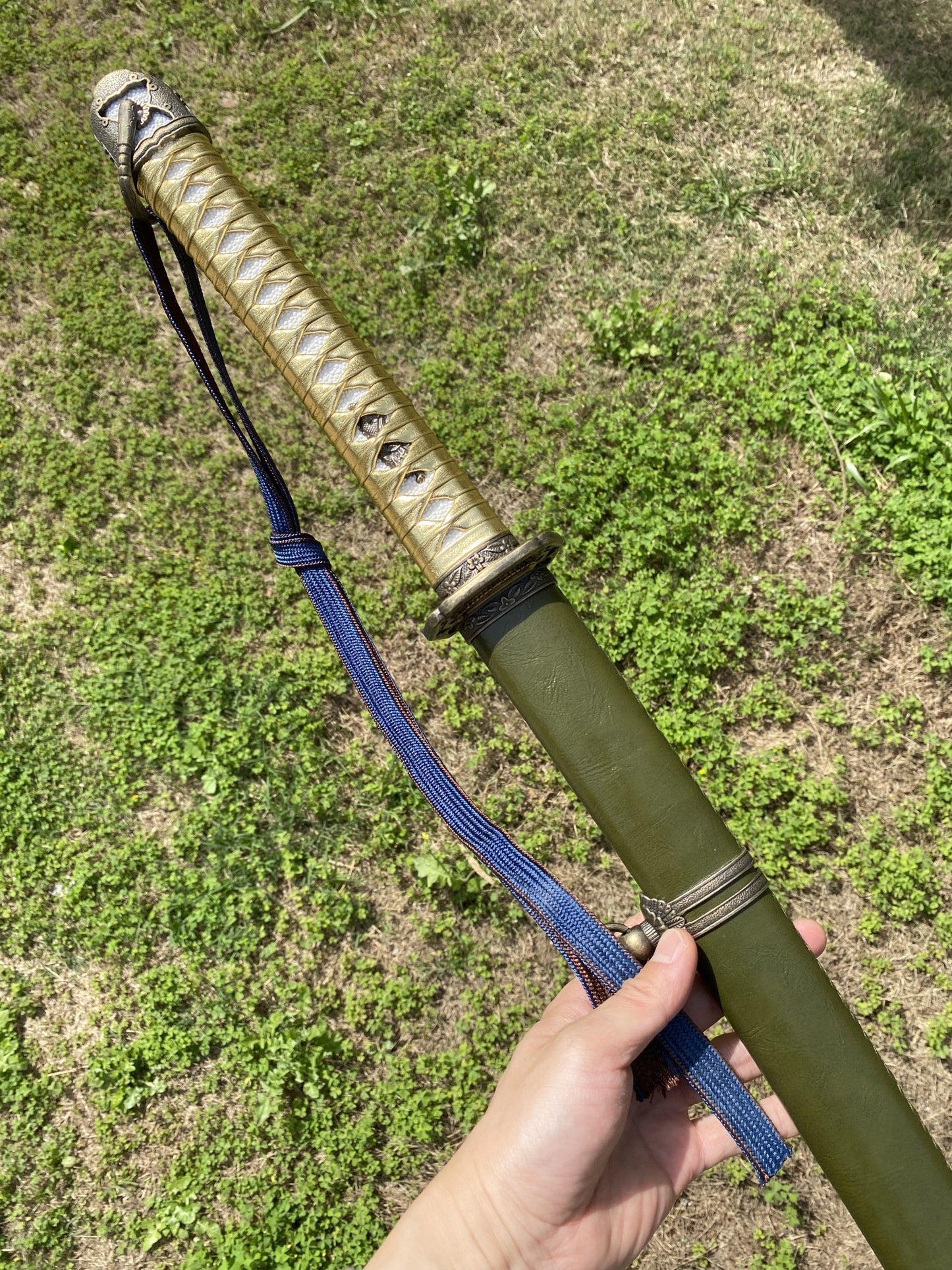 Vintage Military Officer Katana Samurai Sword, Green Leather Texture Saya Collectible Display Replica