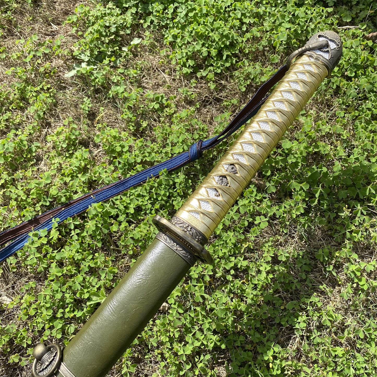 Vintage Military Officer Katana Samurai Sword, Green Leather Texture Saya Collectible Display Replica