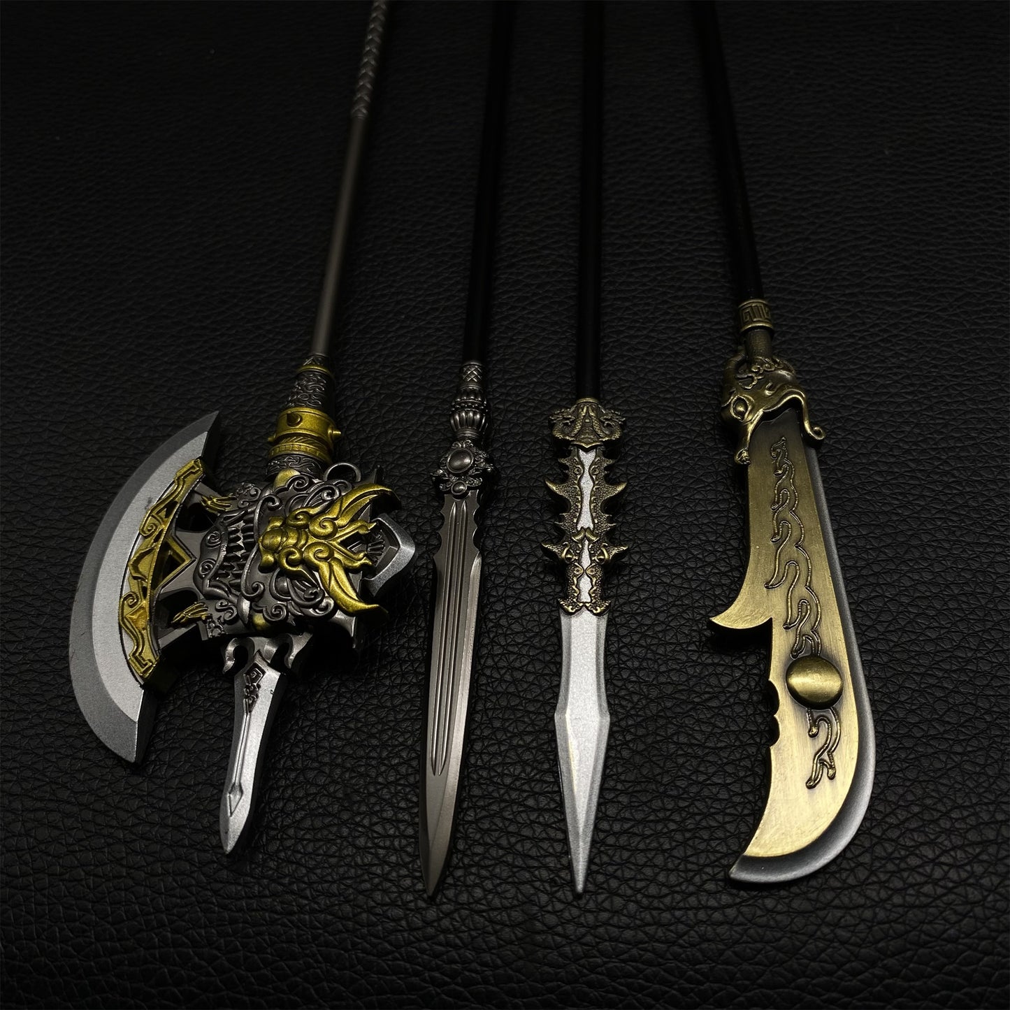 Chinese Ancient Long Handle Axe Spear Metal Miniature 4 in 1 Pack
