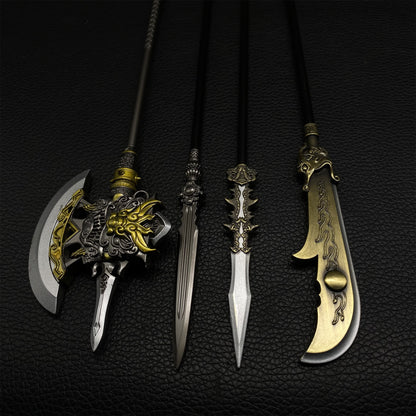 Chinese Ancient Long Handle Axe Spear Metal Miniature 4 in 1 Pack