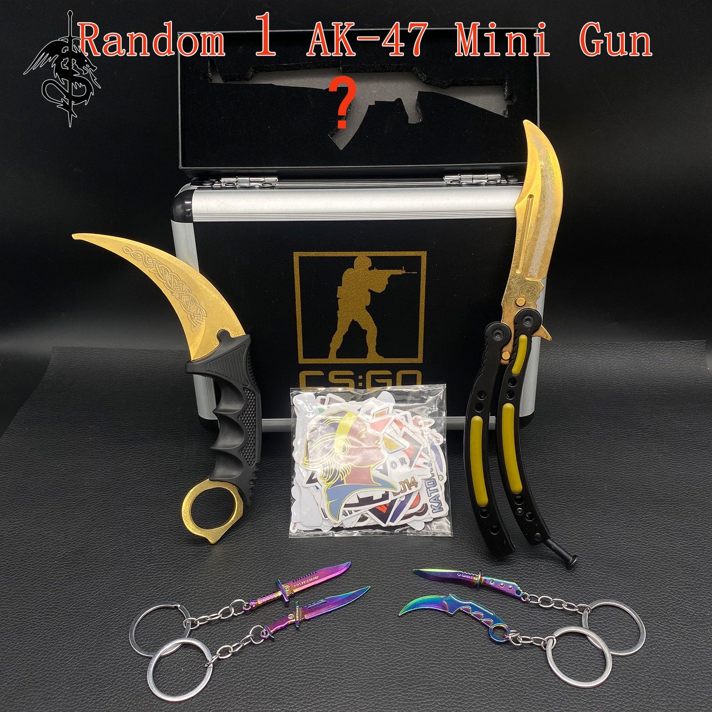 Lore Skin Balisong & Stickers & 4 Keychains &Random 1 AK With Gift Case