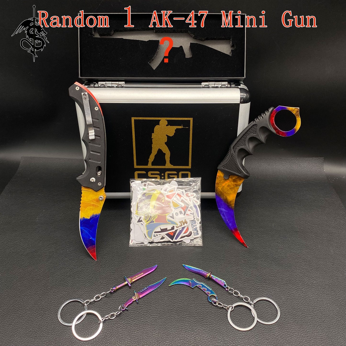 Marble Fade Skin Flip Knife & Stickers & 4 Keychains &Random 1 AK With Gift Case