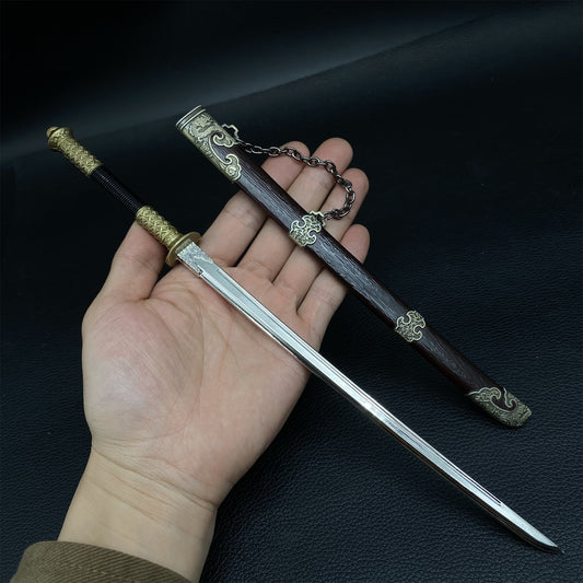 Vintage Oriental Tang Dynasty Short Sword Metal Replica, Embossed Dragon Pattern Mini Sword with Sheath