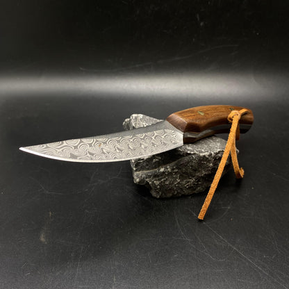 Wooden Handle Outdoor Knife With Damasucs Pattern Blade