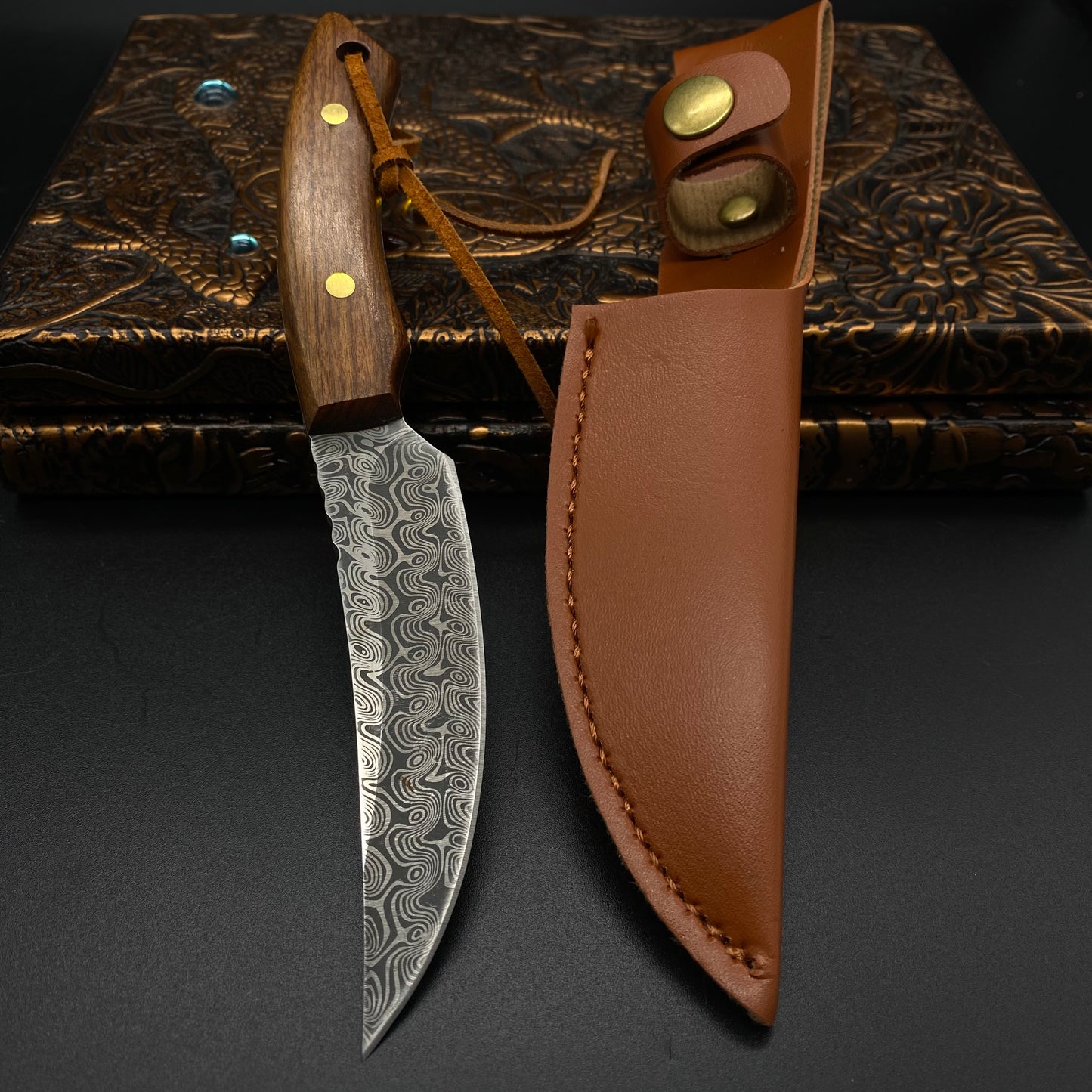 Wooden Handle Outdoor Knife With Damasucs Pattern Blade
