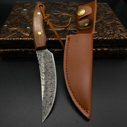 Wooden Handle Outdoor Knife With Damasucs Pattern Blade
