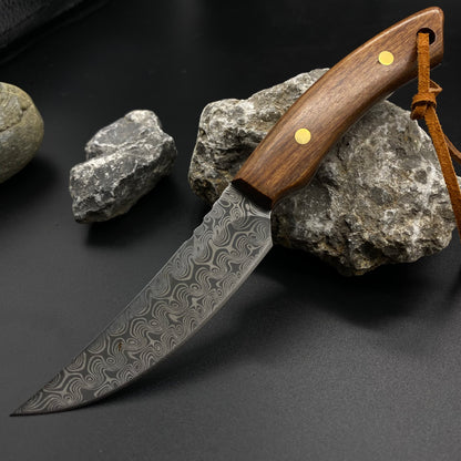 Wooden Handle Outdoor Knife With Damasucs Pattern Blade