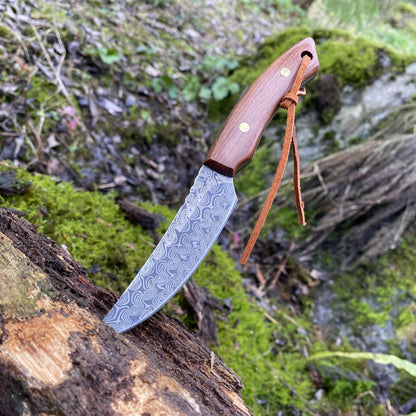 Wooden Handle Outdoor Knife With Damasucs Pattern Blade