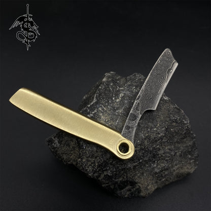 Damascus Steel Razor Knife Brass Folding Knife Portable Pocket Knife