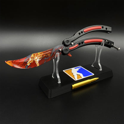CS2 Butterfly Knife Howl Pattern Balisong Replica - Collectible Display Prop with Display Stand