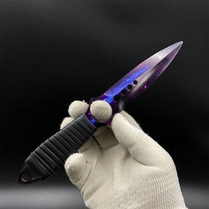 420 Steel Replica CS2 Skeleton Knife Doppler Galaxy Dull Blade,Purple Galaxy Dagger Model  For Game Collection