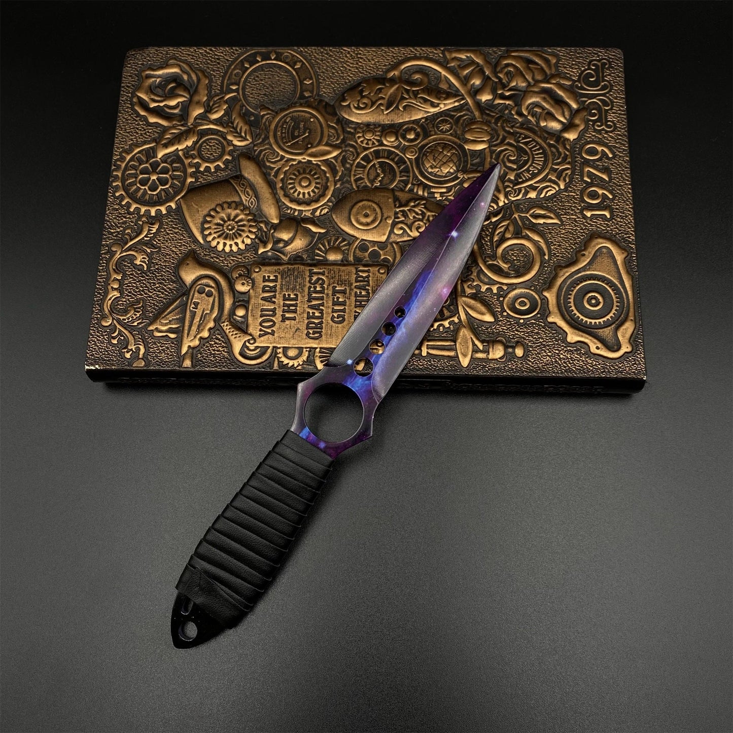 420 Steel Replica CS2 Skeleton Knife Doppler Galaxy Dull Blade,Purple Galaxy Dagger Model  For Game Collection